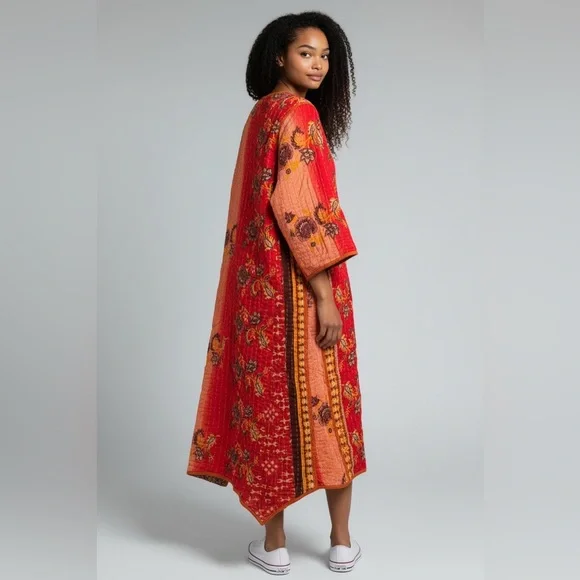 132 KANTHA Fitted Long 3/4 Sleeve Cardigan Reversible Handmade one of a kind 🌸 - Picture 7 of 11